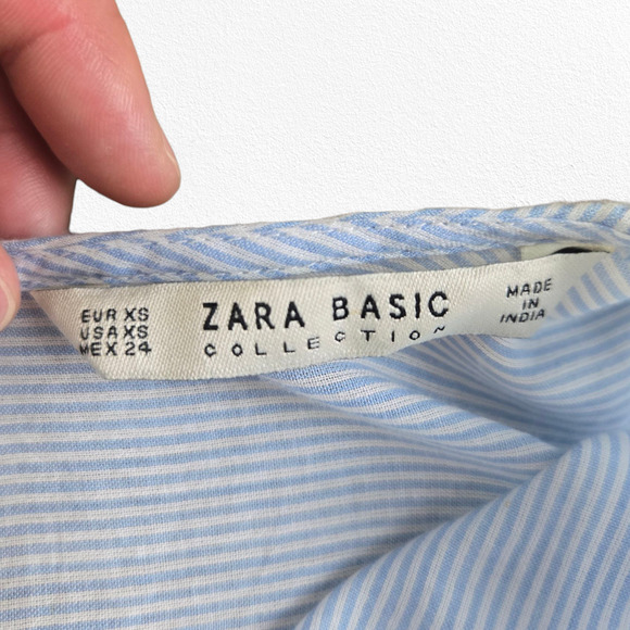 Zara Basic Blue Black Striped Embroidered Bell Sleeve Cotton Top Blouse Size XS - Picture 8 of 11